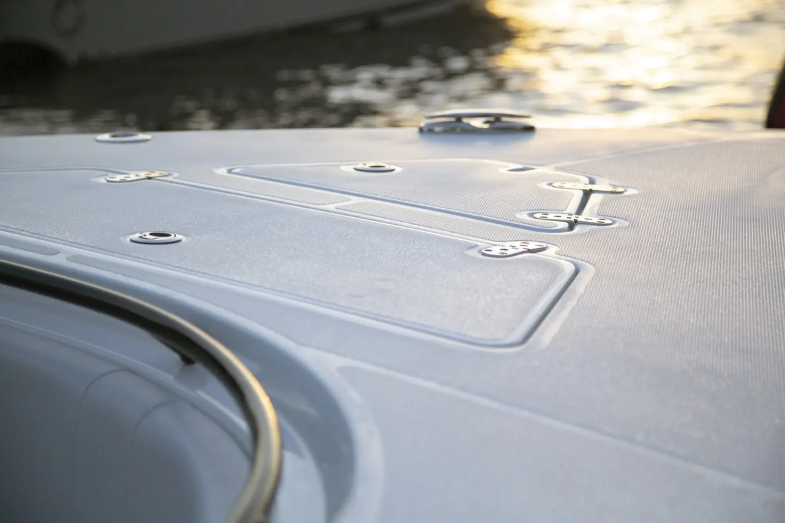 Accessible bow anchor locker and additional storage shown with anti-vibration lining to minimize noise while underway and keep components healthy