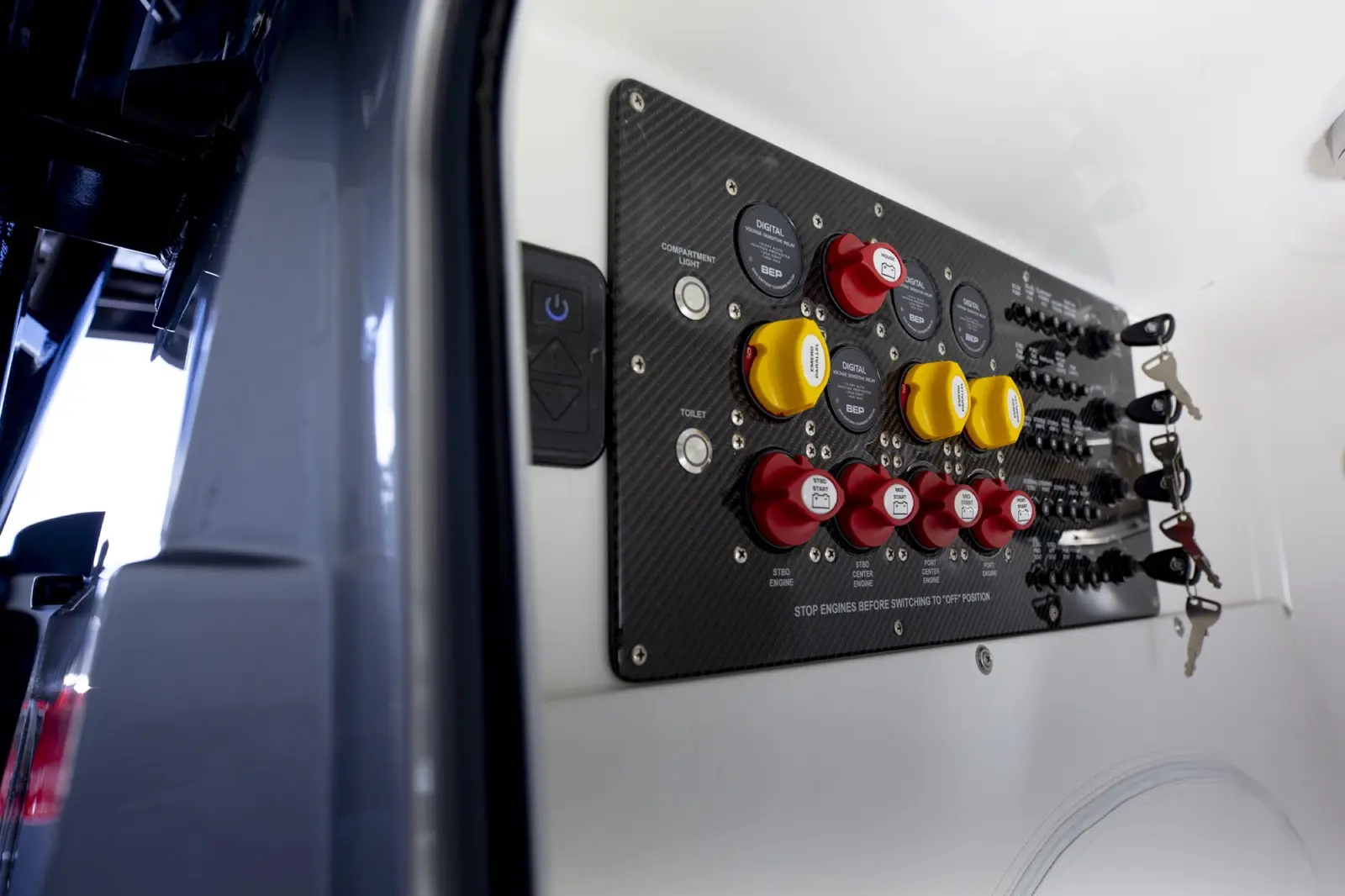 Battery charging and control center keeps controls to all the core electronics in one convenient location, making it easy to power up and get underway