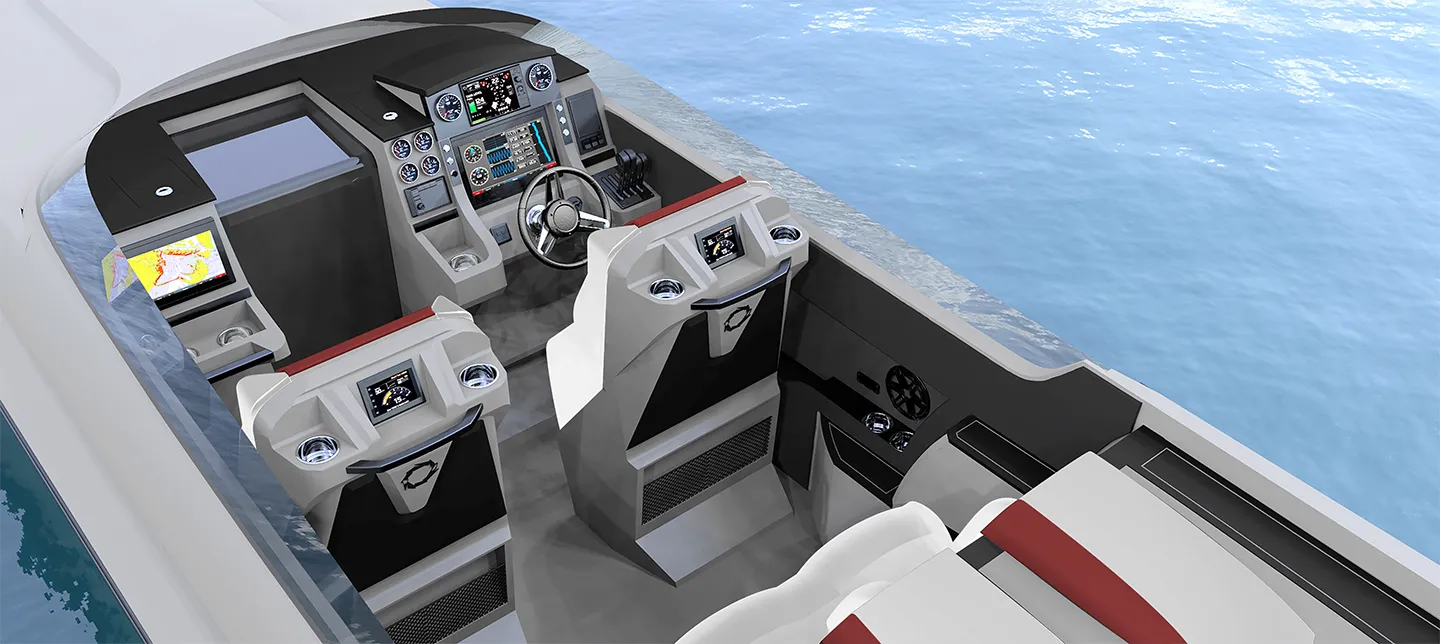 Luxury dual helm seating with electric bolsters, custom inlaid upholstery, and stainless steel LED switching throughout is beautiful and functional, with standard Starboard Garmin unit, and optional additional port dash unit for co-captain seating