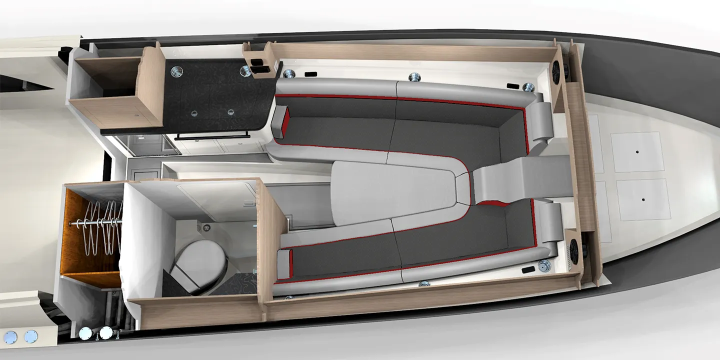 Spacious cabin area maximizes luxury amenities without compromising best in class performance, with additional upholstery attachments to expand seating into full V-berth arrangement (shown)