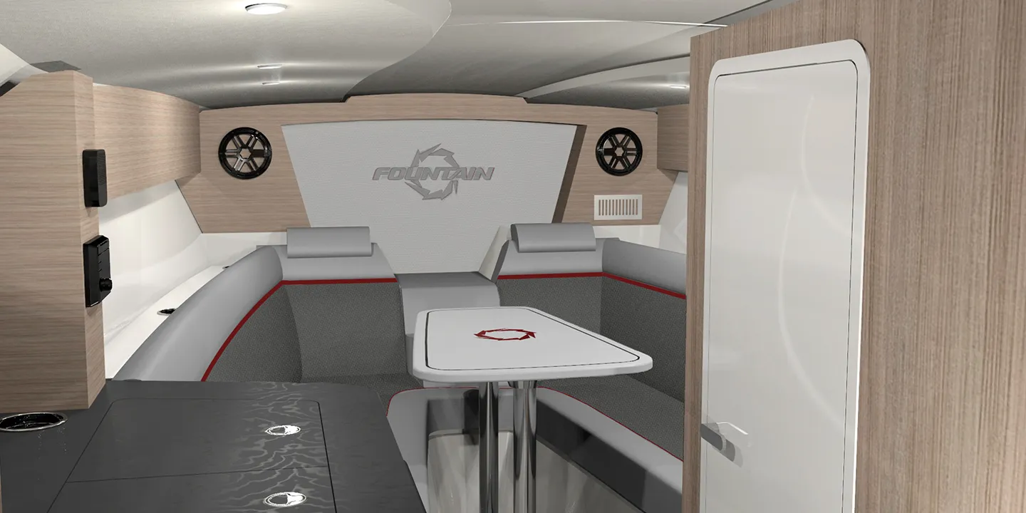 Cabin comforts include luxury in house upholstery throughout, well integrated speaker system, U-shaped wrap around cabin seating, and optional collapsible cabin table