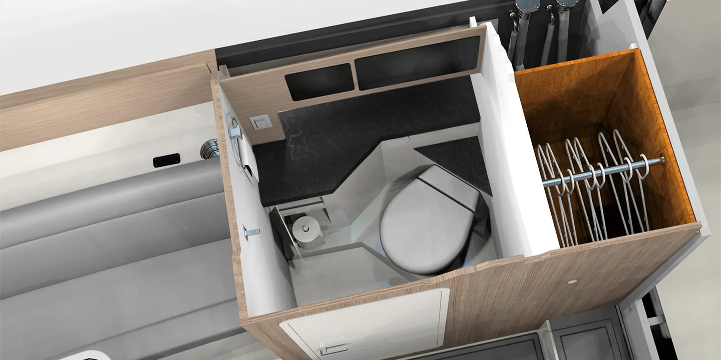 Enclosed head unit in cabin features pump out porta-potti with pump out, featured locker for clothing, and additional storage throughout